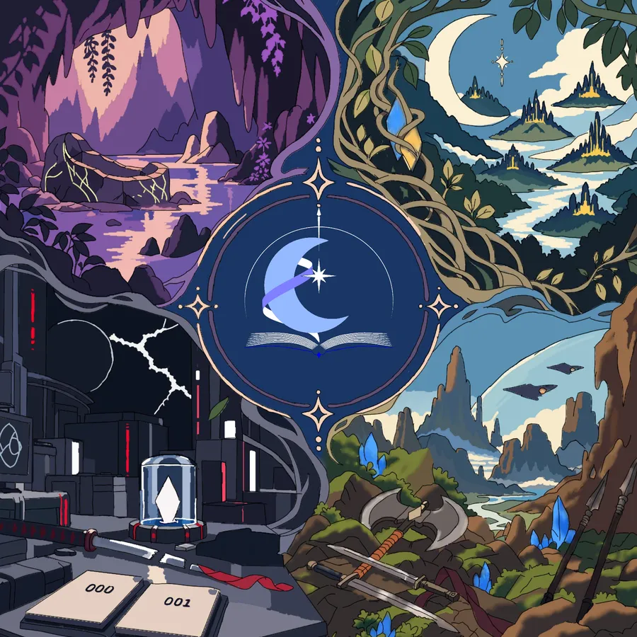 Illustration en quatre quarts autour du logo Lune-Azur : une grotte violette au lac immobile, des îles couronnées de châteaux sous un croissant de lune, un laboratoire sombre aux lumières rouges, et des vaisseaux au-dessus d’un paysage de pics et de cristaux bleus.