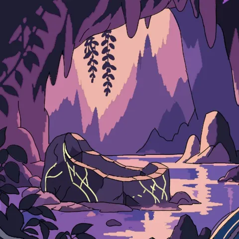 Détail : une grotte violette, un lac immobile et une pierre parcourue de veines lumineuses